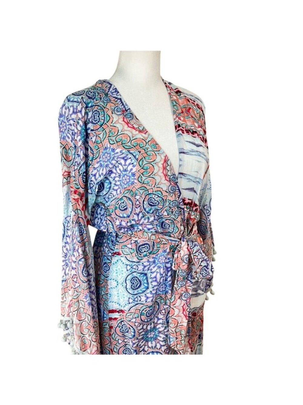 Jaase Womens Sz L Boho Patchwork Maxi Kimono Robe Pom Pom Beach Cover Up - Picture 4 of 14